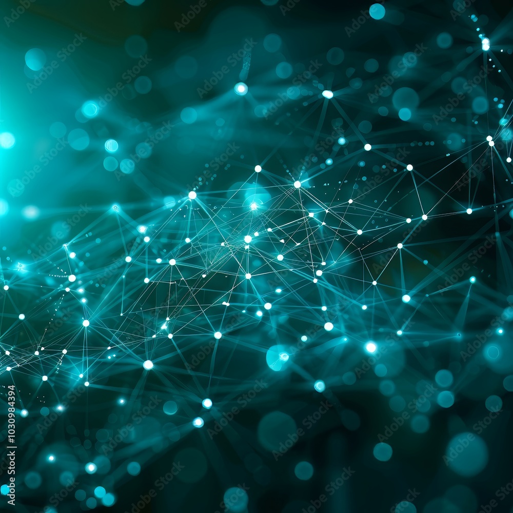 Poster a vibrant blue network of glowing points and lines forms an intricate abstract design, representing 