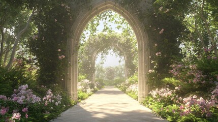 Obraz premium Ultra-Detailed 3D Render of a Gothic Archway Leading to Tranquil Garden with Blooming Flowers and Lush Greenery