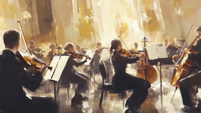 A string quartet performs in a dimly lit hall, their instruments glowing in the soft light.