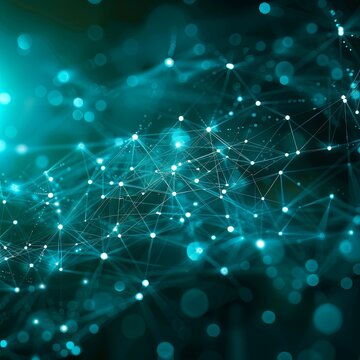A vibrant blue network of glowing points and lines forms an intricate abstract design, representing digital connectivity and technological advancement through a captivating visual pattern.