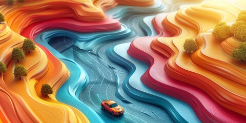Orange car driving through a vibrant and abstract landscape with colorful layered hills and winding roads