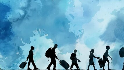Silhouettes of people carrying belongings on the blue background 