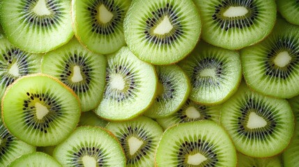 A collection of sliced kiwi fruit, showcasing their vibrant green interiors and black seeds