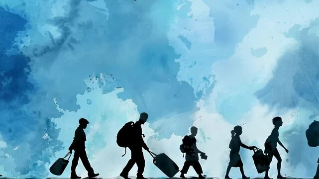 Silhouettes of people carrying belongings on the blue background 