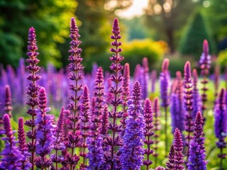 Vibrant Bush Salvia Nemorosa: Purple Sage Flowers in a Lush Garden Setting
