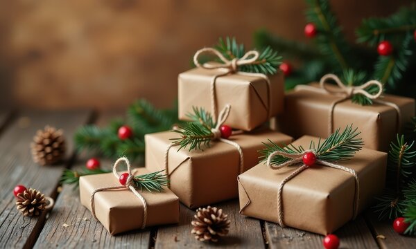 Festive Brown Wrapped Gifts with Pine and Berries