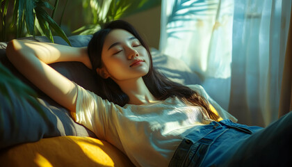 Obraz premium A young Chinese woman comfortably enjoying her home space 