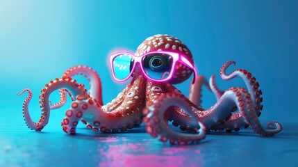 Obraz premium Colorful octopus wearing sunglasses on a vibrant blue background.