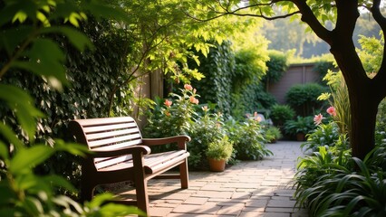 Tranquil Garden Pathway with Bench in Backyard