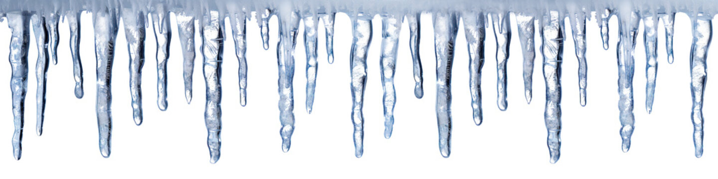 A row of icicles hanging from the edge of a surface, isolated on a transparent background. Symbolizes winter cold and icy textures. Suitable for winter projects, seasonal decorations.