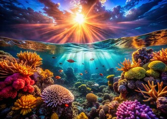 Fototapeta premium Vibrant Coral Reef: A Stunning Underwater Symphony of Colors and Textures with Bokeh Effect
