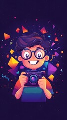 A colorful vector logo of an animated young man with glasses and short hair, smiling and holding a video camera