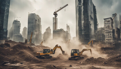A vibrant construction site filled with heavy machinery like cranes, bulldozers, and excavators.






