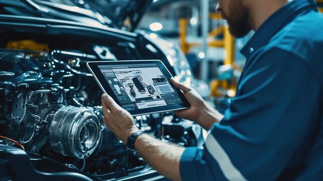 Auto mechanic uses laptop while conducting diagnostics test. Modern car service. Computer diagnostics of the car. High quality photo