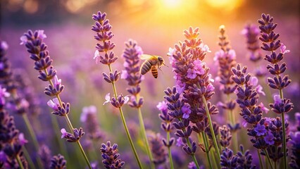 Naklejka premium Vibrant Dark Purple Lavender Field with Bees and Buds - Vintage Style Photography