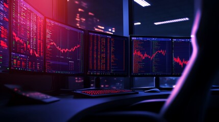 Trendy trading desk setup with multiple monitors displaying stock market data at night.