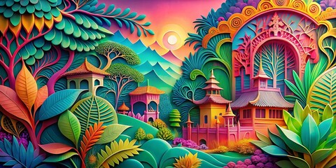 Vibrant Double Exposure Art: Colorful Pink, Green, Blue, and Orange Paper Cut Backgrounds