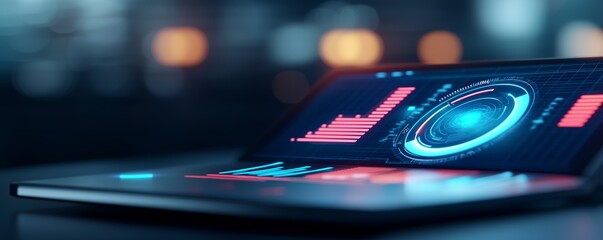 Obraz premium AIdriven corporate strategy, futuristic financial reports, floating holographic screens, dark office setting