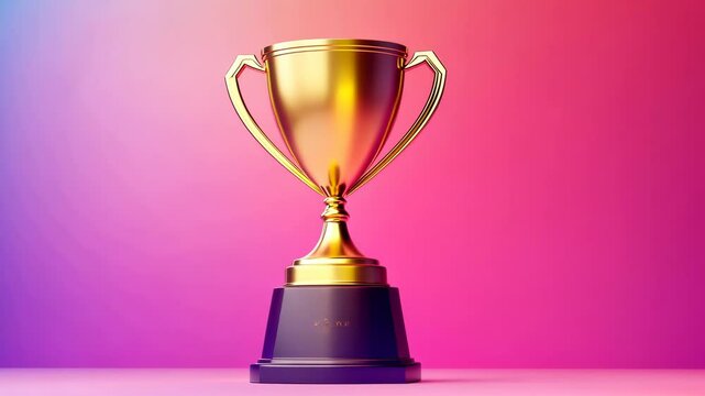 A gold trophy sits on a purple base against a pink and purple background