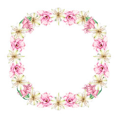 Floral Wreath of white and pink flowers. Watercolor frame of Eustoma and alstroemeria. Composition with Lilies. Floral botanical illustration for graphic design, decorate, product design and postcard