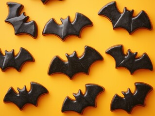 Naklejka premium Black bat-shaped cookies on bright orange background. Holiday sweet for Halloween.