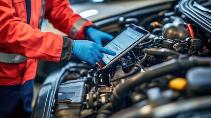 Auto mechanic uses laptop while conducting diagnostics test. Modern car service. Computer diagnostics of the car. High quality photo