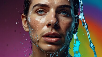 human skin cleaning man washing face bathing gentleman wet fresh cool no acne healthy facial.