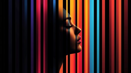 Obraz premium A silhouette of a woman's profile against vibrant, colorful vertical stripes, evoking emotion and creativity.
