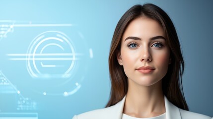 Businesswoman, augmented reality tax forms, holographic financial data, futuristic office