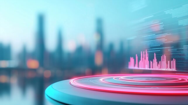 Corporate financial planning, holographic charts, digital interface, futuristic cityscape backdrop - Powered by Adobe