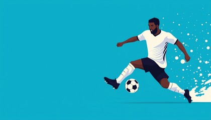Naklejka premium Dynamic soccer player kicking a ball, blue background, energetic and focused action.