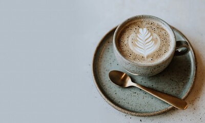 Top-Down View of Coffee with Latte Art and Spoon on Plate