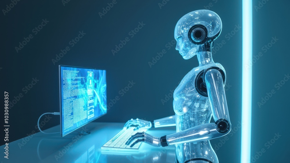 Poster futuristic android programming in metal environment
