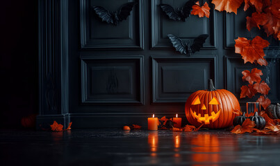 Obraz premium The mystical Halloween background in celebration interior. Halloween decorations in the room. 