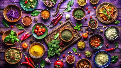 Vibrant Food Photography on Wood Color Purple Background for Culinary Delights