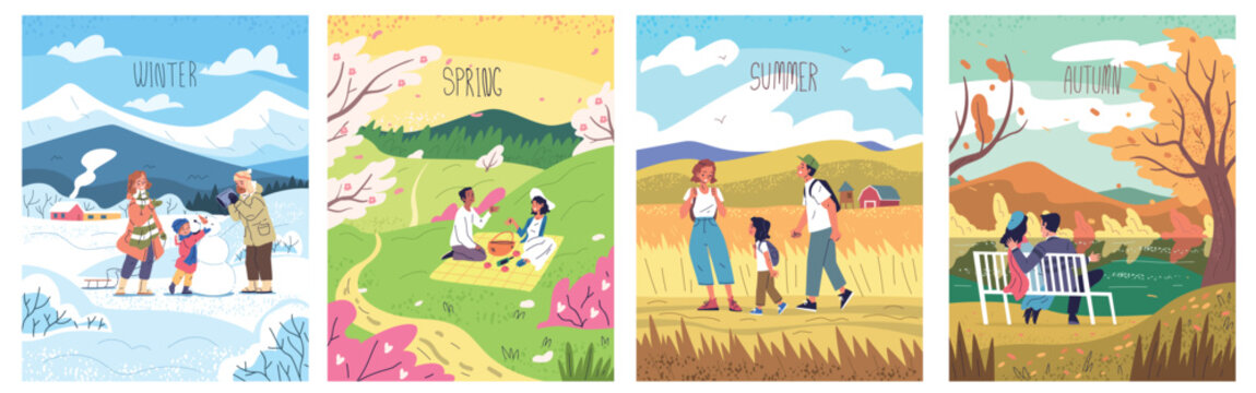 Four seasons walk. Family couple walking city park nature different season, spring autumn winter summer seasonal weather landscape posters vacations time classy vector illustration