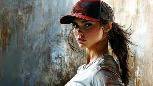 A woman with a determined gaze wears a red cap and a white shirt with dirt stains, likely from an adventure