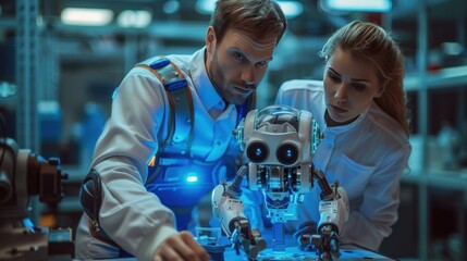 Robotics engineers working on a new robot prototype with bright lighting and an innovative, collaborative atmosphere.