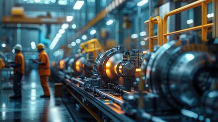 Fototapeta premium Engineers working in a high-tech manufacturing facility with cool lighting and a high-tech atmosphere.