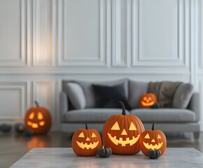 The mystical Halloween background in celebration interior. Halloween decorations in the room. 