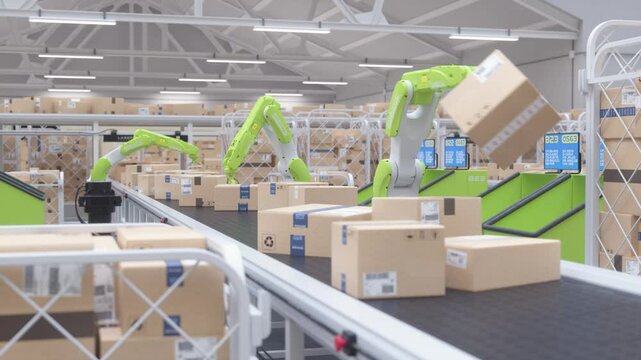 Robots handling orders in an automated logistics center. Realistic 3d animation.