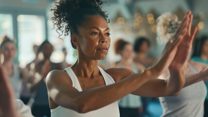 Focused yoga class with diverse participants in a relaxed studio setting