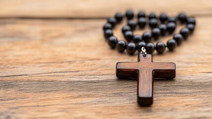 The wooden cross is part of a rosary with balls. Religious symbol. Illustration for cover, card, postcard, poster, brochure, etc.