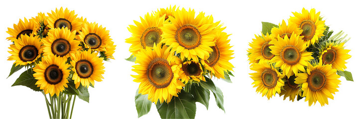 Obraz premium Set of A bouquet of bright sunflowers with yellow petals and green stems isolated on transparent background (3)