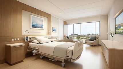 Modern luxury cosy hospital room with an empty bed for the patient and modern medical equipment. Private medical facility with professional services. Illustration for advertising, marketing, etc.