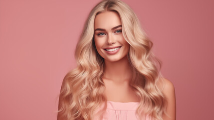 Naklejka premium Portrait of a Smiling Young Woman with Long Wavy Hair on Pink Background