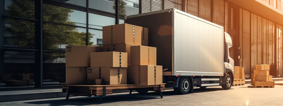 A delivery truck with cardboard boxes is parked by a building - Powered by Adobe