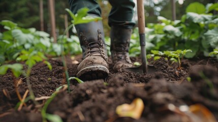 A close-up of a person?s boots and shovel digging into the soil, preparing for planting. The focus is on the action and the soil, indicating the start of a gardening project.