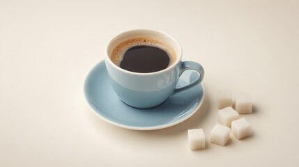 A coffee cup with a spoon and sugar cubes, isolated on a white background