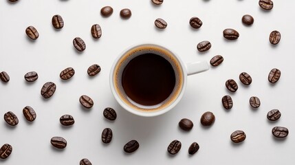 A flat lay of a coffee cup with a spoon and sugar cubes on a white background